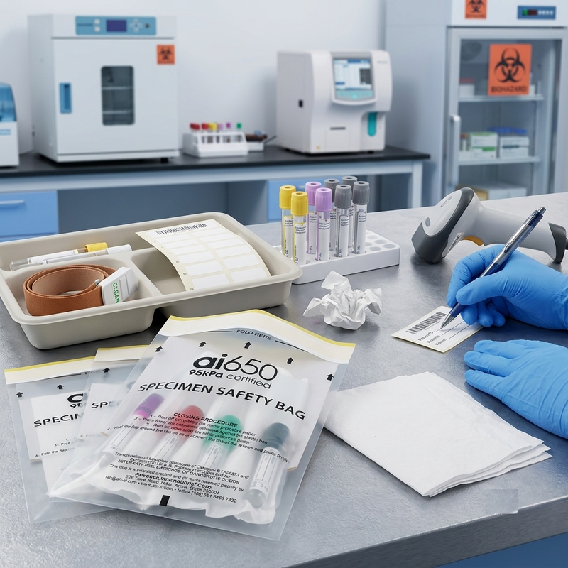 Groothandel Proeftasje. FDA-gecertificeerde Biogevaarlijke Transporttas met Zipper Seal en Absorptie Pad. Ideaal voor laboratoria, ziekenhuizen en klinieken.